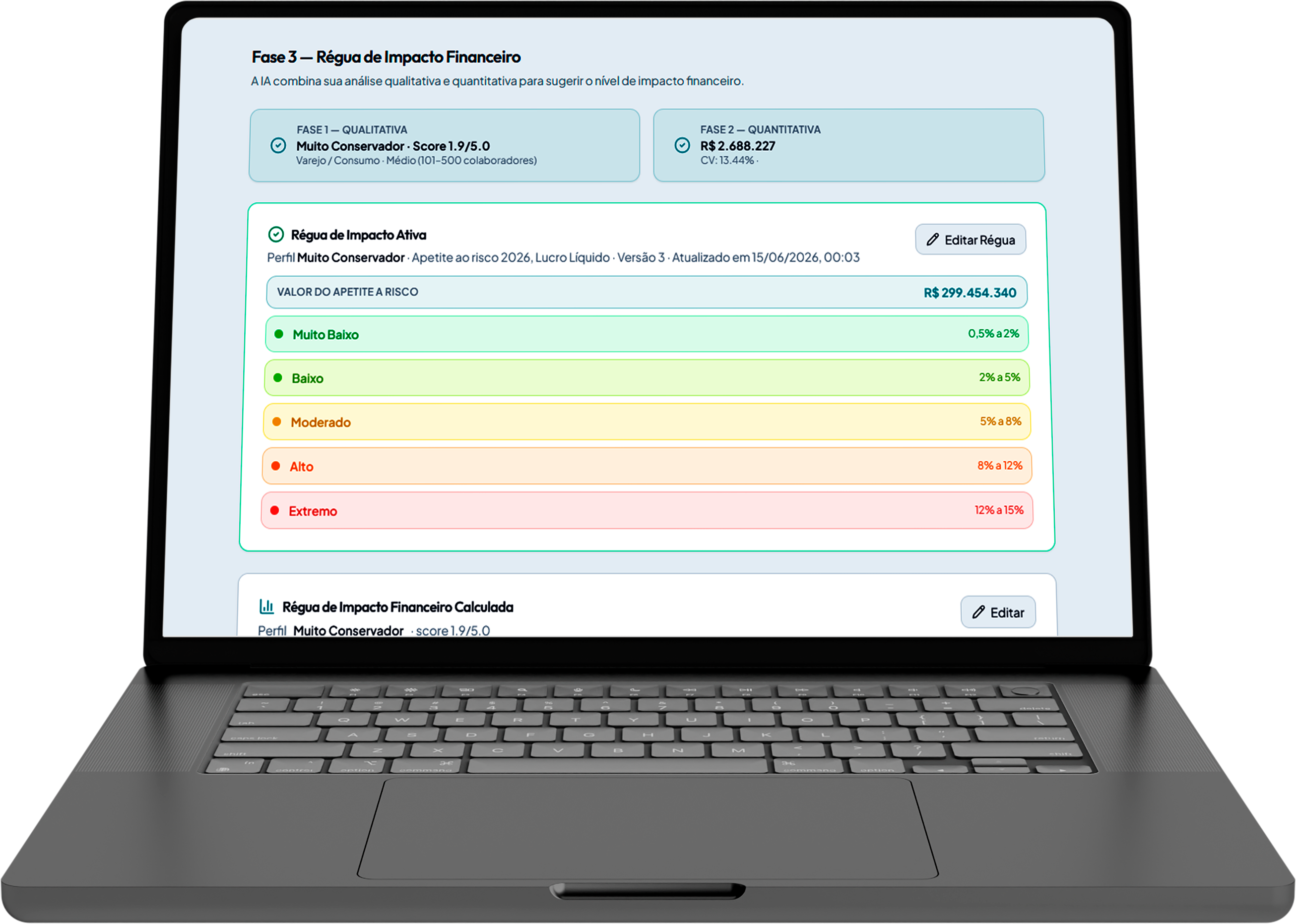 Notebook exibindo a tela real da UpRisk para definição de apetite a risco e régua de impacto financeiro.